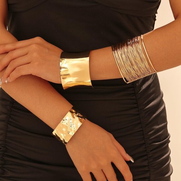 3PCS Gold Chunky Cuff Bracelets for Women Irregular Minimalist Statement Bangle - Picture 2 of 7